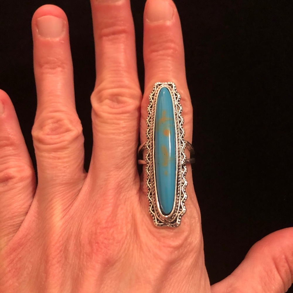 Silver Tone and Blue Faux Turquoise Statement Ring